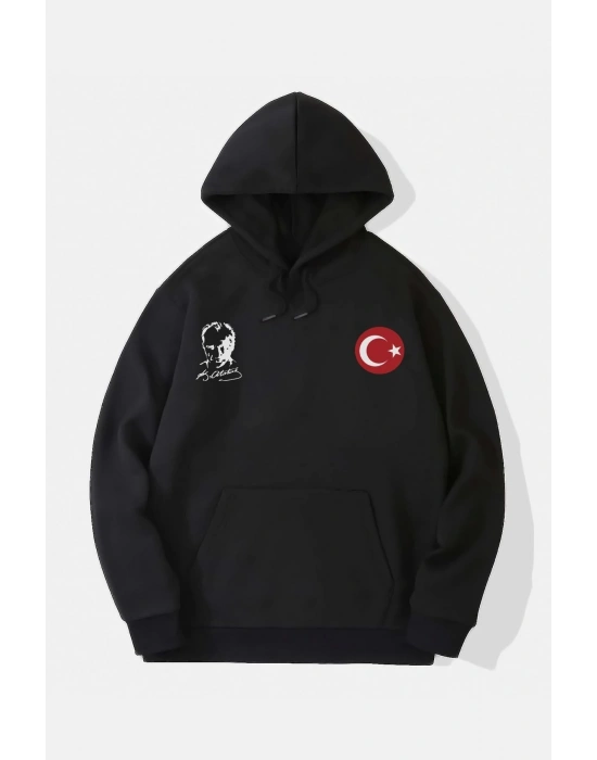 10 Kasıma Özel Üç İplik Kapüşonlu Baskılı SweatShirt - Siyah