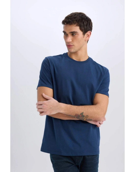 %100 Pamuk New Regular Fit Bisiklet Yaka Basic Düz Kısa Kollu Tişört V7699AZ24SP Lacivert