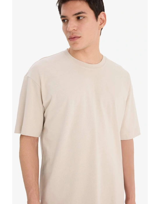 %100 Pamuk Oversize Geniş Kalıp Bisiklet Yaka Basic Düz Kısa Kollu Tişört Bej