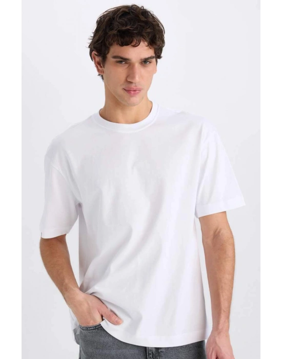 %100 Pamuk Oversize Geniş Kalıp Bisiklet Yaka Basic Düz Kısa Kollu Tişört Beyaz