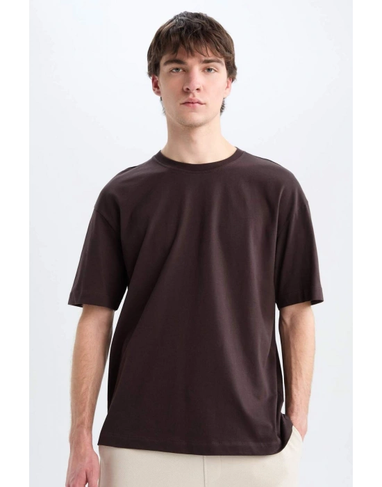 %100 Pamuk Oversize Geniş Kalıp Bisiklet Yaka Basic Düz Kısa Kollu Tişört Kahverengi