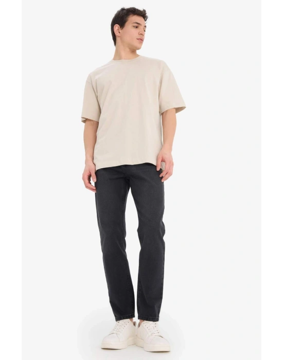 %100 Pamuk Oversize Geniş Kalıp Bisiklet Yaka Basic Düz Kısa Kollu Tişört Bej