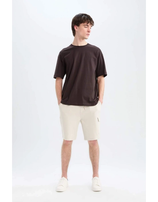%100 Pamuk Oversize Geniş Kalıp Bisiklet Yaka Basic Düz Kısa Kollu Tişört Kahverengi