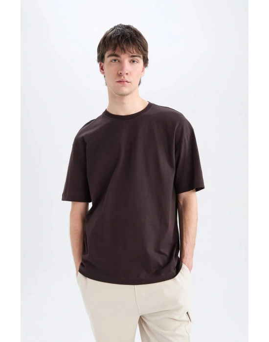 %100 Pamuk Oversize Geniş Kalıp Bisiklet Yaka Basic Düz Kısa Kollu Tişört Kahverengi