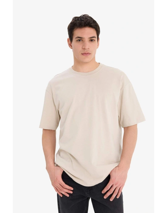 %100 Pamuk Oversize Geniş Kalıp Bisiklet Yaka Basic Düz Kısa Kollu Tişört Bej