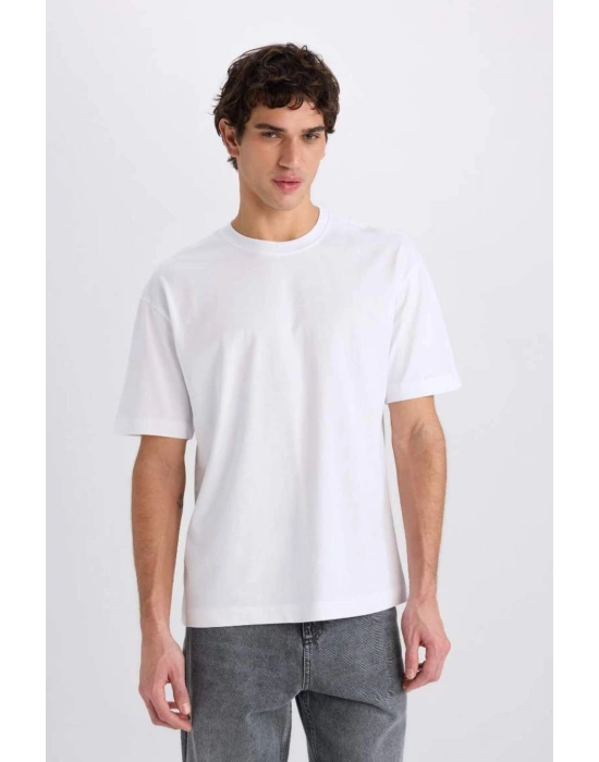 %100 Pamuk Oversize Geniş Kalıp Bisiklet Yaka Basic Düz Kısa Kollu Tişört Beyaz