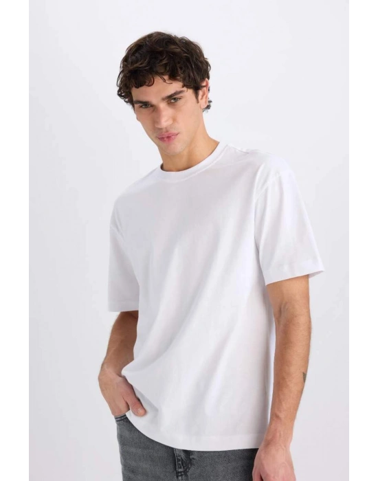 %100 Pamuk Oversize Geniş Kalıp Bisiklet Yaka Basic Düz Kısa Kollu Tişört Beyaz