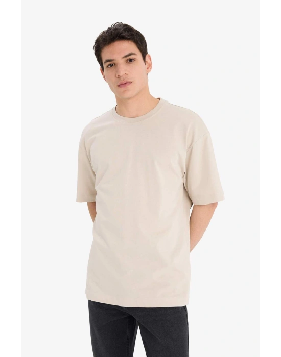 %100 Pamuk Oversize Geniş Kalıp Bisiklet Yaka Basic Düz Kısa Kollu Tişört Bej