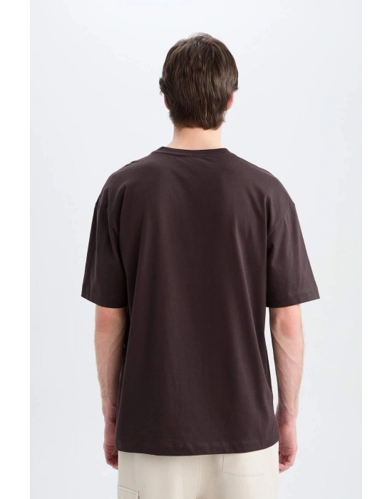 %100 Pamuk Oversize Geniş Kalıp Bisiklet Yaka Basic Düz Kısa Kollu Tişört Kahverengi