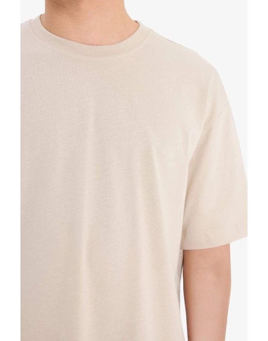 %100 Pamuk Oversize Geniş Kalıp Bisiklet Yaka Basic Düz Kısa Kollu Tişört Bej