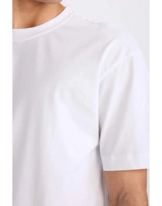 %100 Pamuk Oversize Geniş Kalıp Bisiklet Yaka Basic Düz Kısa Kollu Tişört Beyaz