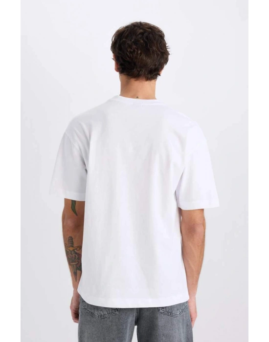 %100 Pamuk Oversize Geniş Kalıp Bisiklet Yaka Basic Düz Kısa Kollu Tişört Beyaz