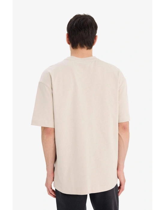 %100 Pamuk Oversize Geniş Kalıp Bisiklet Yaka Basic Düz Kısa Kollu Tişört Bej