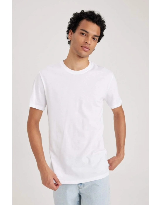 %100 Pamuk Slim Fit Dar Kesim Bisiklet Yaka Basic Düz Kısa Kollu Tişört Beyaz