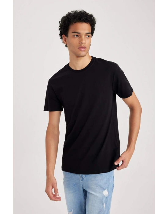 %100 Pamuk Slim Fit Dar Kesim Bisiklet Yaka Basic Düz Kısa Kollu Tişört B0653AXNS Siyah