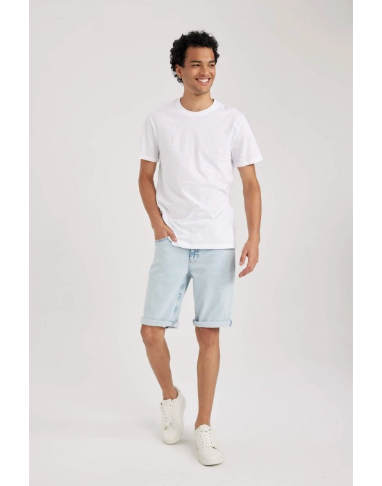 %100 Pamuk Slim Fit Dar Kesim Bisiklet Yaka Basic Düz Kısa Kollu Tişört Beyaz