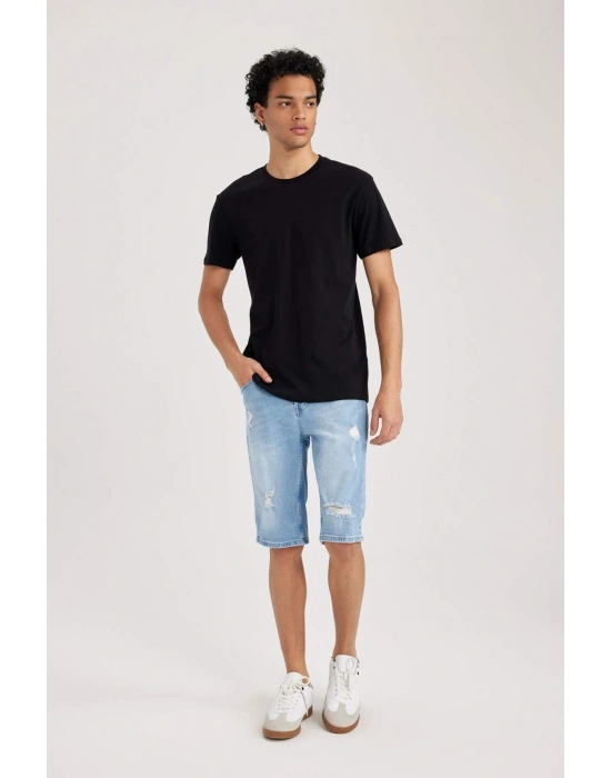 %100 Pamuk Slim Fit Dar Kesim Bisiklet Yaka Basic Düz Kısa Kollu Tişört B0653AXNS Siyah