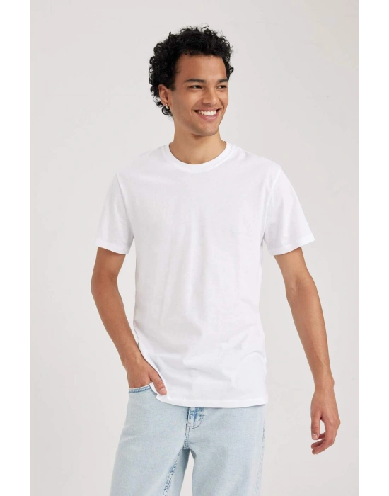 %100 Pamuk Slim Fit Dar Kesim Bisiklet Yaka Basic Düz Kısa Kollu Tişört Beyaz