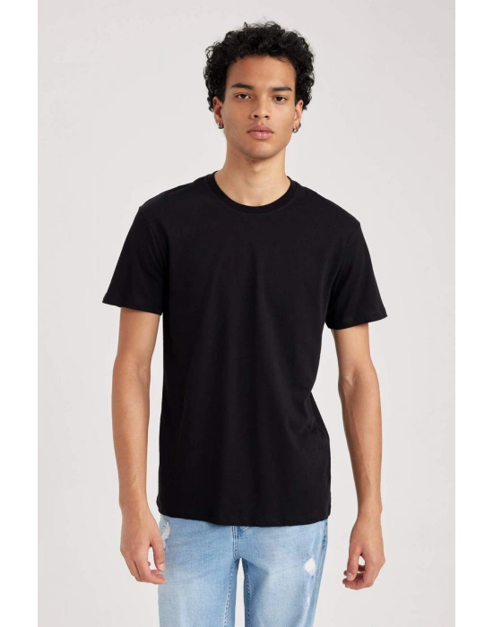 %100 Pamuk Slim Fit Dar Kesim Bisiklet Yaka Basic Düz Kısa Kollu Tişört B0653AXNS Siyah