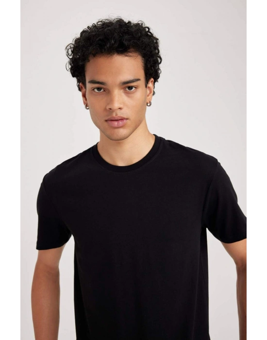 %100 Pamuk Slim Fit Dar Kesim Bisiklet Yaka Basic Düz Kısa Kollu Tişört B0653AXNS Siyah