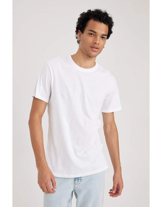 %100 Pamuk Slim Fit Dar Kesim Bisiklet Yaka Basic Düz Kısa Kollu Tişört Beyaz
