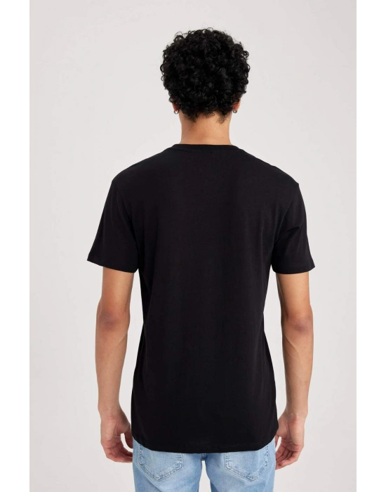 %100 Pamuk Slim Fit Dar Kesim Bisiklet Yaka Basic Düz Kısa Kollu Tişört B0653AXNS Siyah