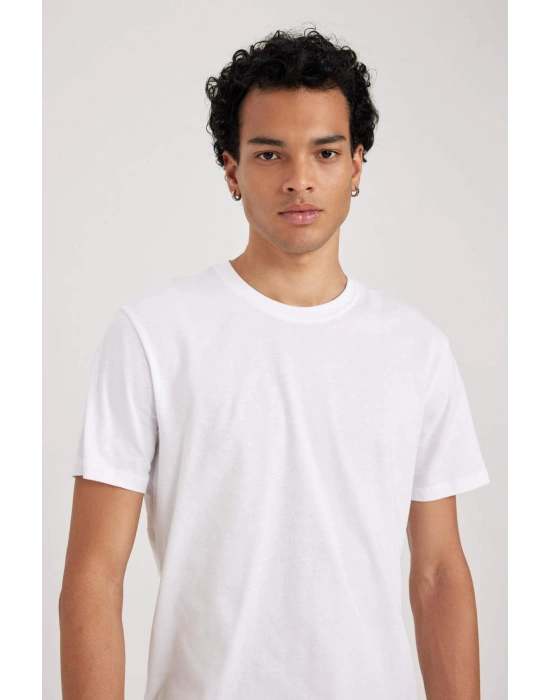 %100 Pamuk Slim Fit Dar Kesim Bisiklet Yaka Basic Düz Kısa Kollu Tişört Beyaz