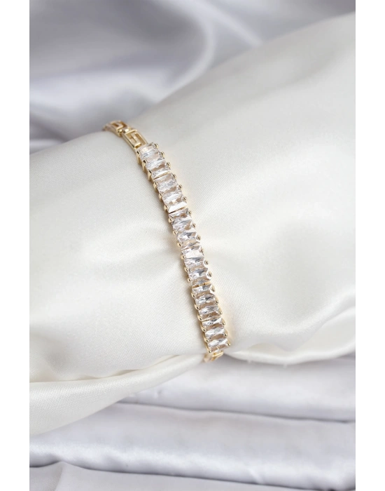 14K Gold Renk Kaplama Zirkon Taşlı Baget Model CM Kadın Bileklik
