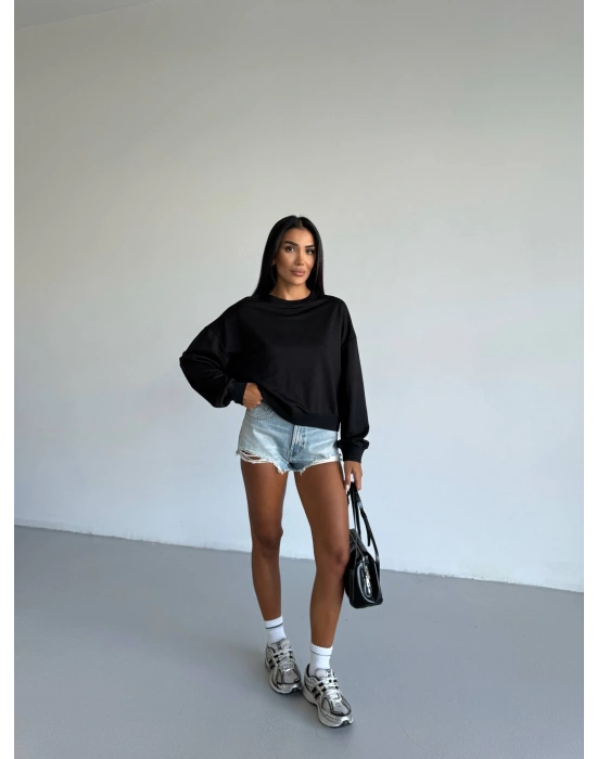 2 iplik bisiklet yaka sweat siyah f2339