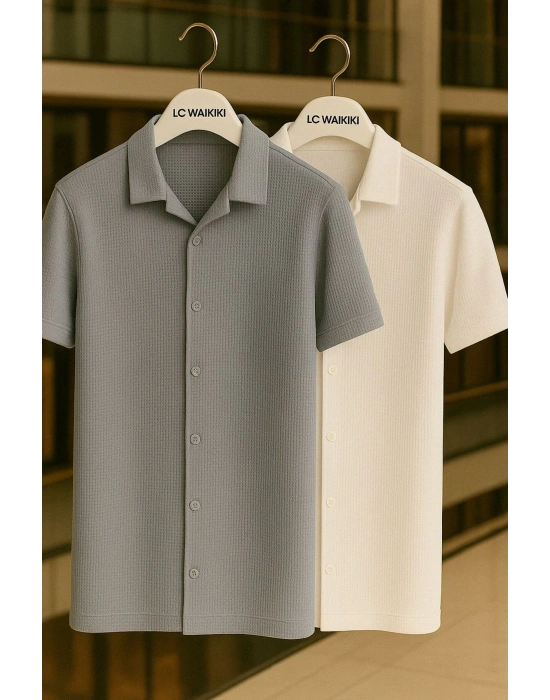 2 li Avantajlı Paket %100 Pamuk Kısa Kol Düğmeli Premium Erkek Waffle Gömlek
