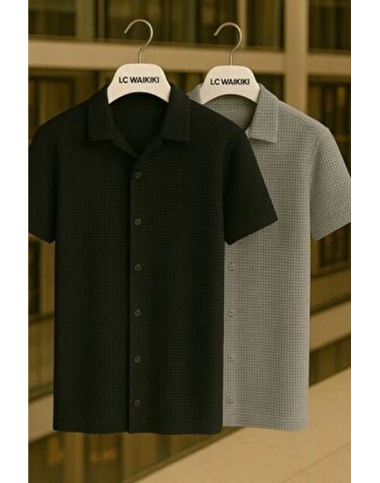 2 li Avantajlı Paket %100 Pamuk Kısa Kol Düğmeli Premium Erkek Waffle Gömlek