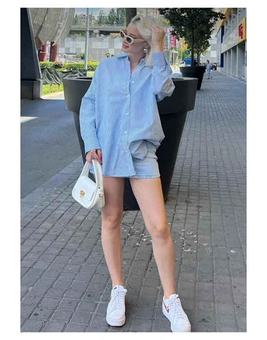 2 Li Kombin ( kazak + gömlek ) Kadın Oversize Kalıp Kışlık Kazak ve Çizgili Gömlek