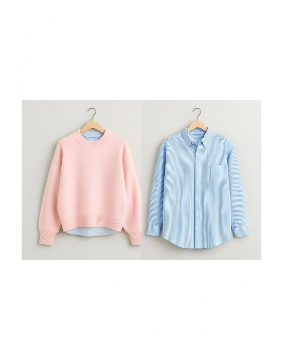 2 Li Kombin ( kazak + gömlek ) Kadın Oversize Kalıp Kışlık Kazak ve Çizgili Gömlek