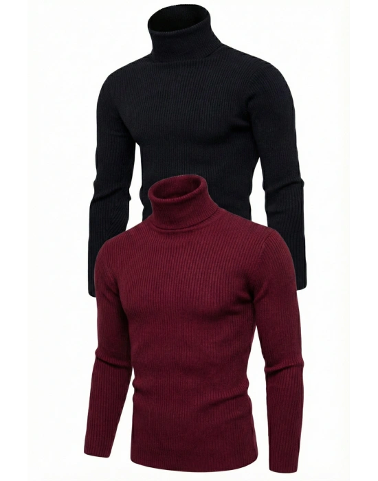 2li Siyah Bordo Unisex Kaşkorse Boğazlı Full Likralı Fitilli Body Kazak
