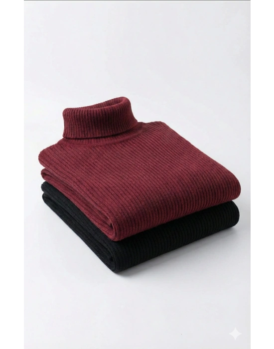 2li Siyah Bordo Unisex Kaşkorse Boğazlı Full Likralı Fitilli Body Kazak