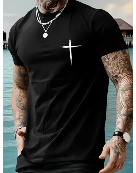 20/1 Penye Compack Baskılı Oversize Bisiklet Yaka Kısa Kol T-shirt - Siyah