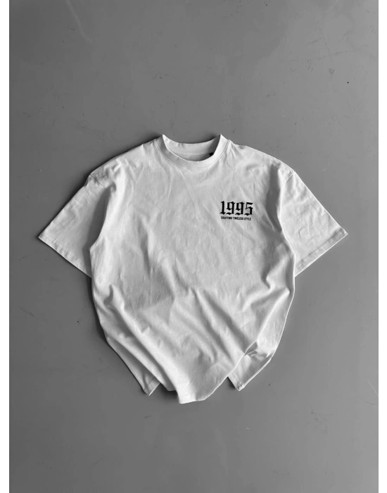 20/1 Penye Compack Baskılı Oversize Bisiklet Yaka Kısa Kol Yazlık T-shirt - Beyaz