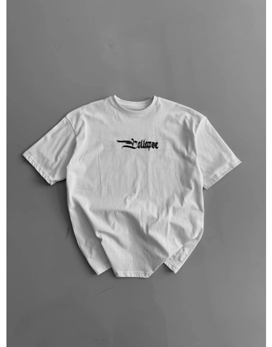 20/1 Penye Compack Baskılı Oversize Bisiklet Yaka Kısa Kol Yazlık T-shirt - Beyaz