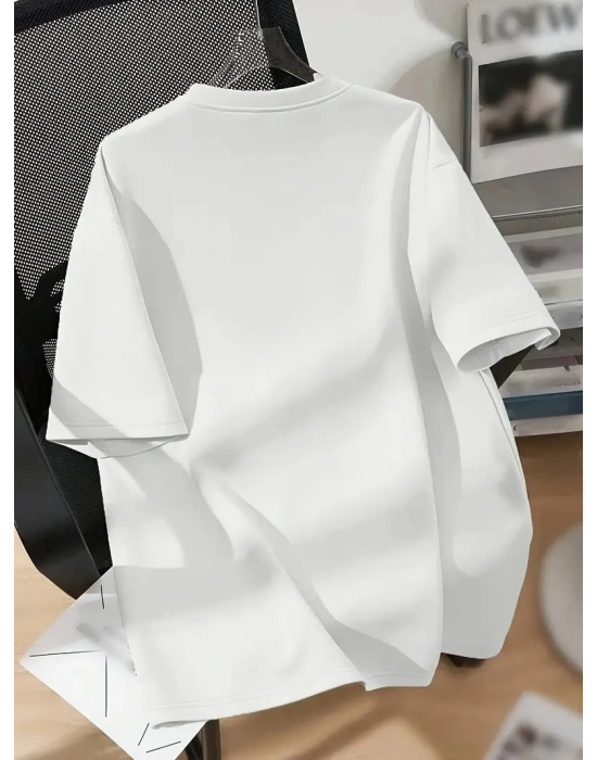 20/1 Penye Compack Baskılı Oversize Bisiklet Yaka Kısa Kol Yazlık T-shirt - Beyaz