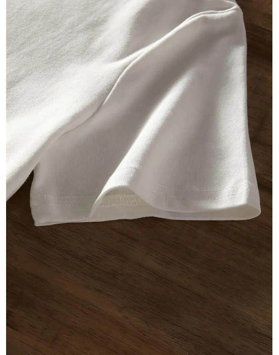 20/1 Penye Compack Baskılı Oversize Bisiklet Yaka Kısa Kol Yazlık T-shirt - Beyaz