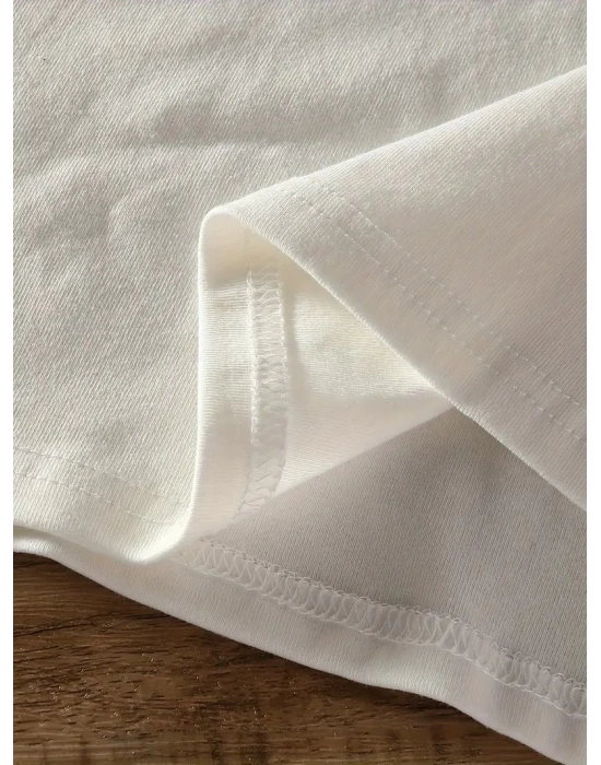 20/1 Penye Compack Baskılı Oversize Bisiklet Yaka Kısa Kol Yazlık T-shirt - Beyaz