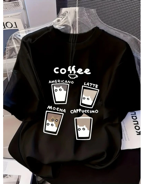 20/1 Penye Compack Baskılı Oversize Bisiklet Yaka Kısa Kol Yazlık T-shirt - Siyah