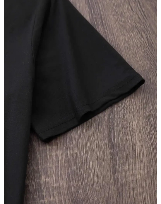 20/1 Penye Compack Baskılı Oversize Bisiklet Yaka Kısa Kol Yazlık T-shirt - Siyah