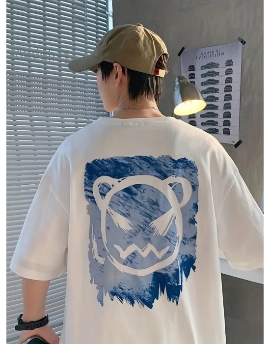 20/1 Penye Compack Bisiklet Yaka Kore tarzı sevimli ayı baskı Kısa Kol Erkek t-shirt - Beyaz