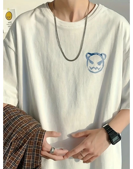 20/1 Penye Compack Bisiklet Yaka Kore tarzı sevimli ayı baskı Kısa Kol Erkek t-shirt - Beyaz