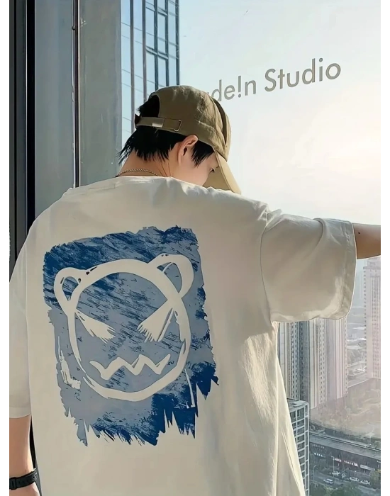 20/1 Penye Compack Bisiklet Yaka Kore tarzı sevimli ayı baskı Kısa Kol Erkek t-shirt - Beyaz