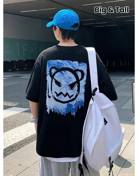 20/1 Penye Compack Bisiklet Yaka Kore tarzı sevimli ayı baskı Kısa Kol Erkek t-shirt - Siyah