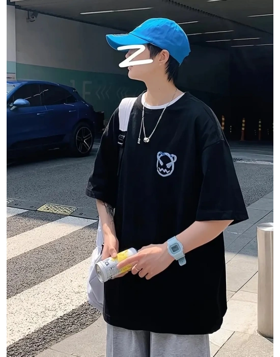 20/1 Penye Compack Bisiklet Yaka Kore tarzı sevimli ayı baskı Kısa Kol Erkek t-shirt - Siyah