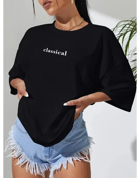 20/1 Penye Compack Classical Baskılı Siyah Oversize Tişort - Siyah