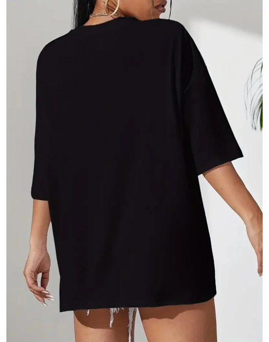 20/1 Penye Compack Classical Baskılı Siyah Oversize Tişort - Siyah